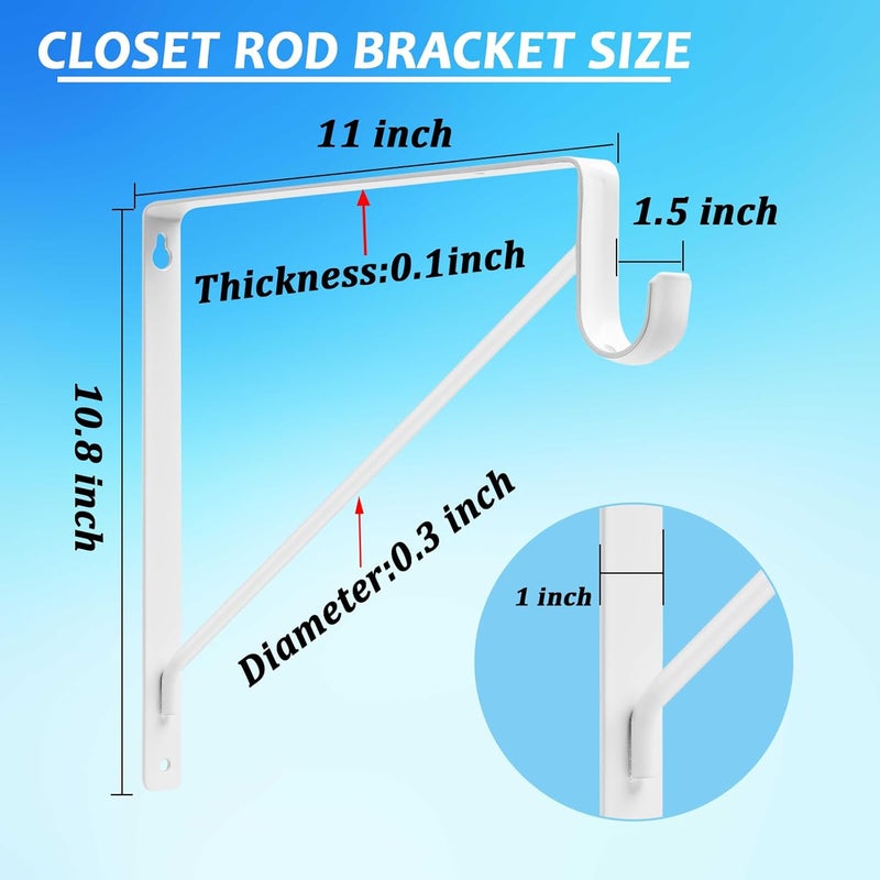 APOCHON 8 Pack Heavy Duty Closet Shelf & Rod Brackets 11 x 11 Inch, 300lbs Wall Mounted Closet Shelves Bracket with Rod Shelving Support, Closet Pole Supports Bracket Holder with Screws, White - Image 2
